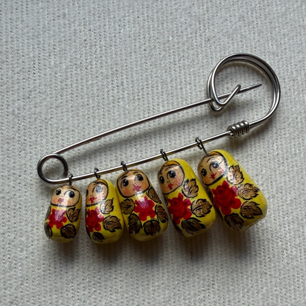 Ukranian Matryoshka Doll Safety Pin Brooch - Yellow with Red Floral Dolls